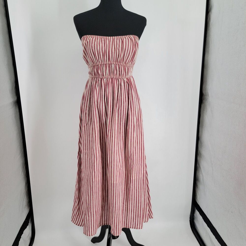 By Together Womens S Red Ivory Stripe Strapless Smocked Waist Maxi Dress